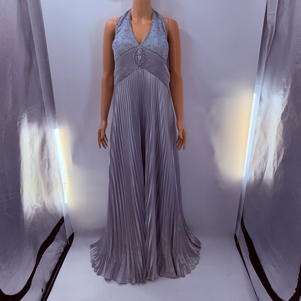 Amy Fashion 20 Ice Blue Beaded Halter Pleated Grecian Goddess Y2K 90s VTG Glam